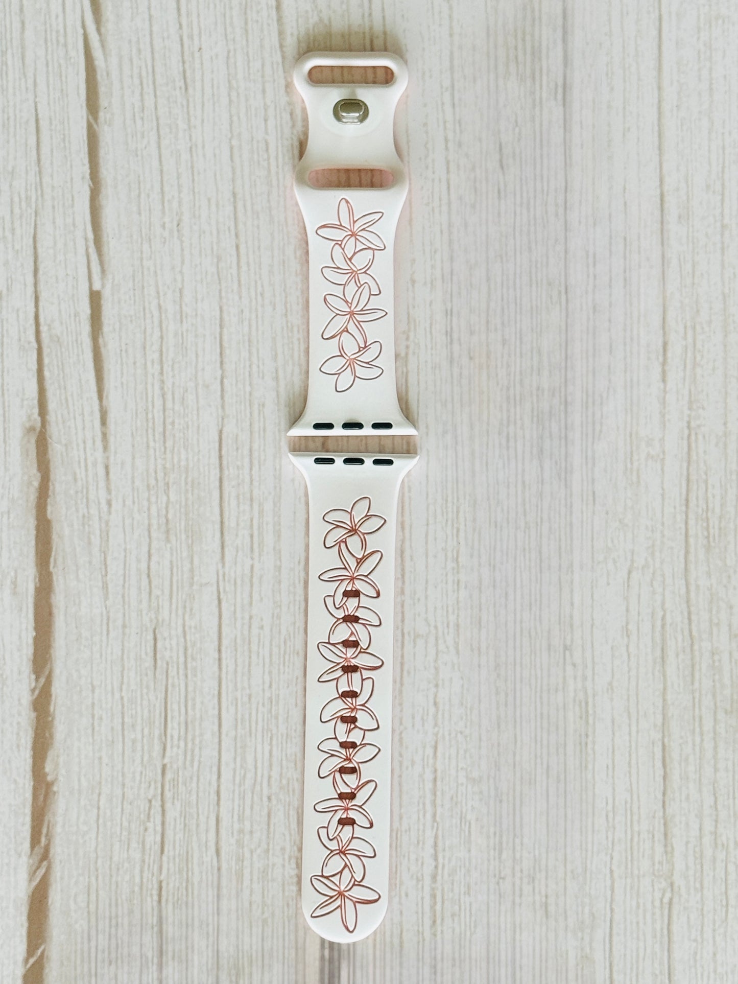 Pre-Order estimated ship date 9/20/26 White to Pink Plumeria Engraved Two-Tone Watchband Compatible with Apple Watch - SMALL WATCH - 38/40/41mm (42mm Series 10 & 11)