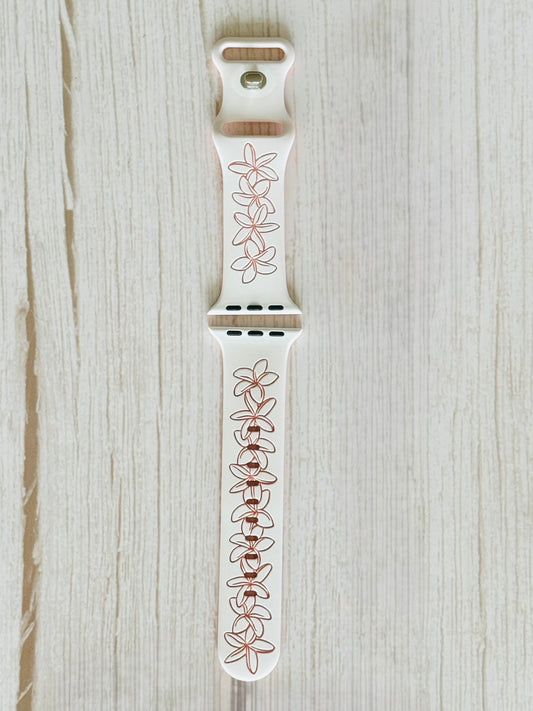 Pre-Order estimated ship date 9/26/26 White to Pink Plumeria Engraved Two-Tone Watchband Compatible with Apple Watch - SMALL WATCH - 38/40/41mm (42mm Series 10 & 11)