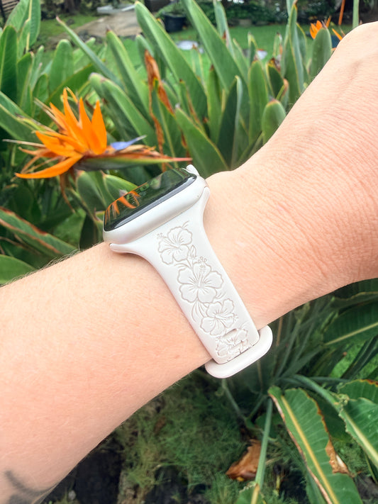 PRE-ORDER ESTIMATED SHIP DATE 9/25/26 - Hibiscus Slim Engraved Silicone Watchband Compatible with Apple Watch - SMALL WATCH - 38/40/41mm (42mm Series 10 & 11)