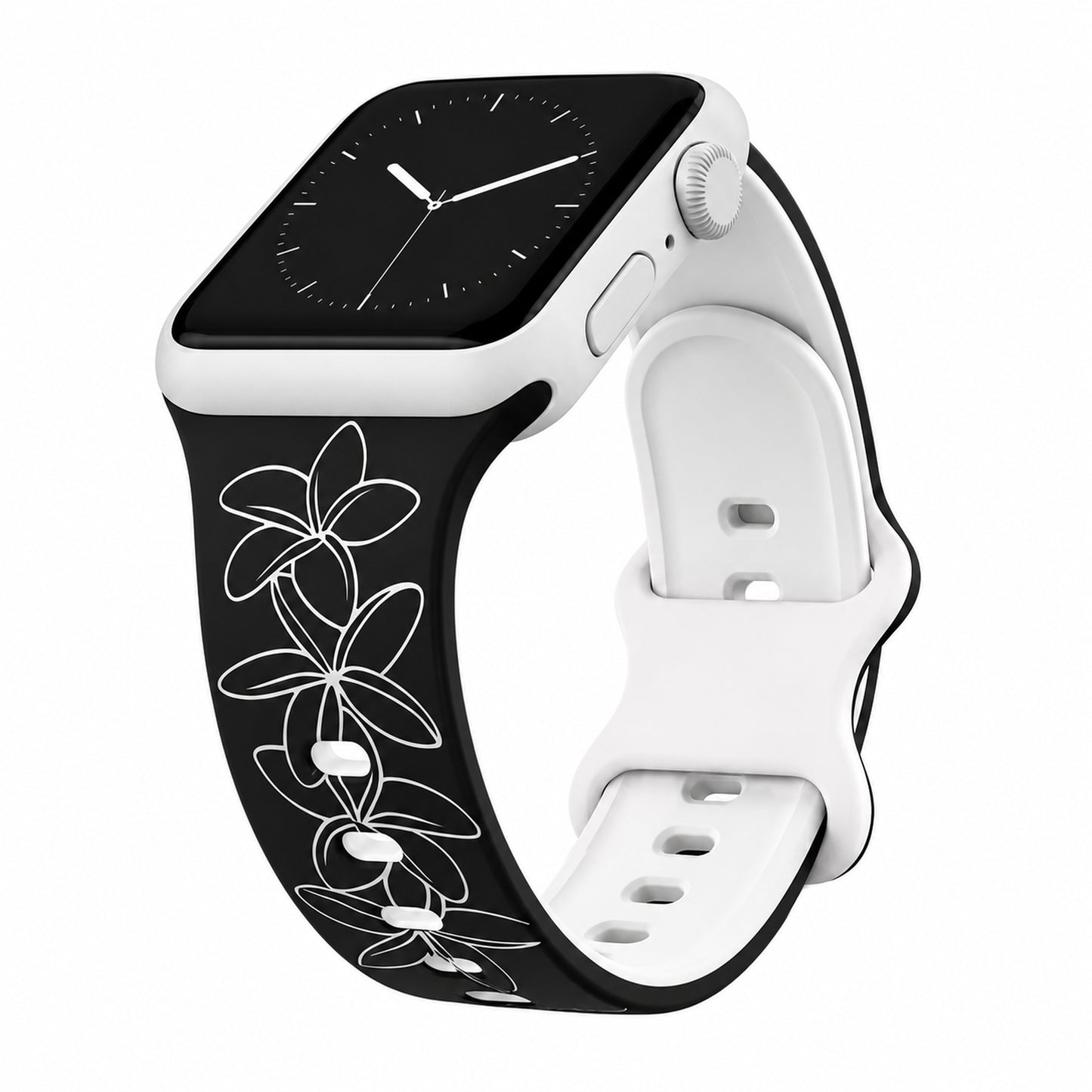 Black to White Plumeria Two-Tone Watchband Compatible with Apple Watch - LARGE WATCH - 49/46/45/44mm (42mm Series 1-3)
