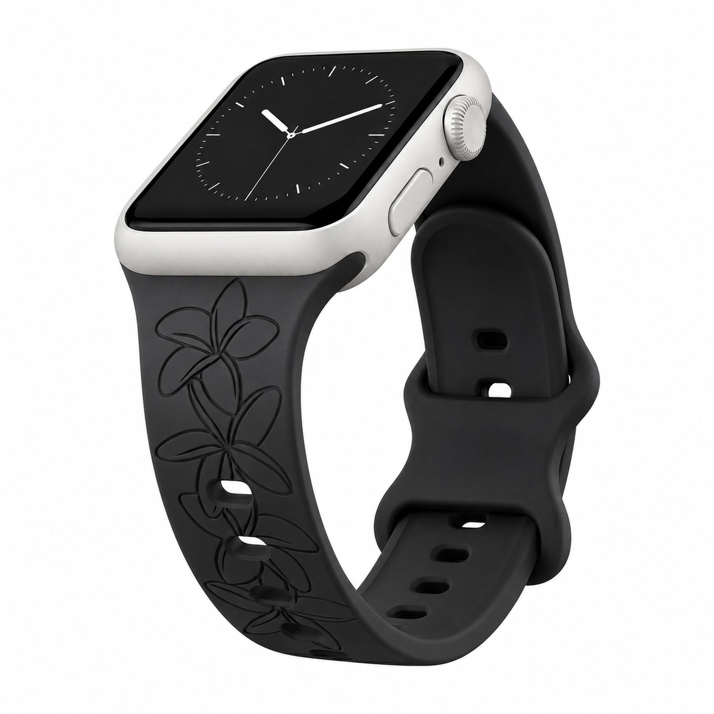 Black Plumeria Silicone Watchband Compatible with Apple Watch - SMALL WATCH - 38/40/41mm (42mm Series 10 & 11)