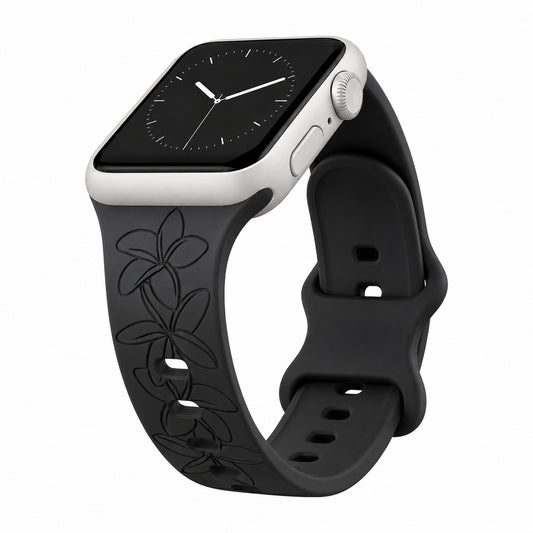 Black Plumeria Silicone Watchband Compatible with Apple Watch - LARGE WATCH - 49/46/45/44mm (42mm Series 1-3)