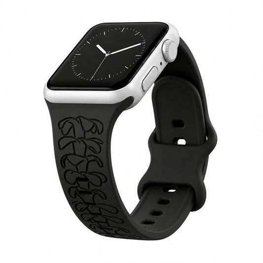 Black Puakenikeni Silicone Watchband Compatible with Apple Watch - LARGE WATCH - 49/46/45/44mm (42mm Series 1-3)