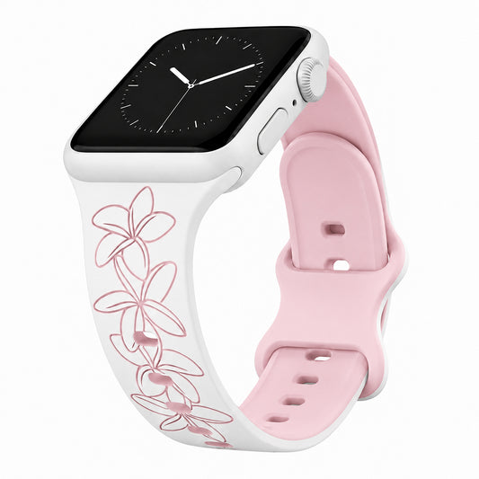 Pre-Order estimated ship date 9/26/26 White to Pink Plumeria Engraved Two-Tone Watchband Compatible with Apple Watch - SMALL WATCH - 38/40/41mm (42mm Series 10 & 11)